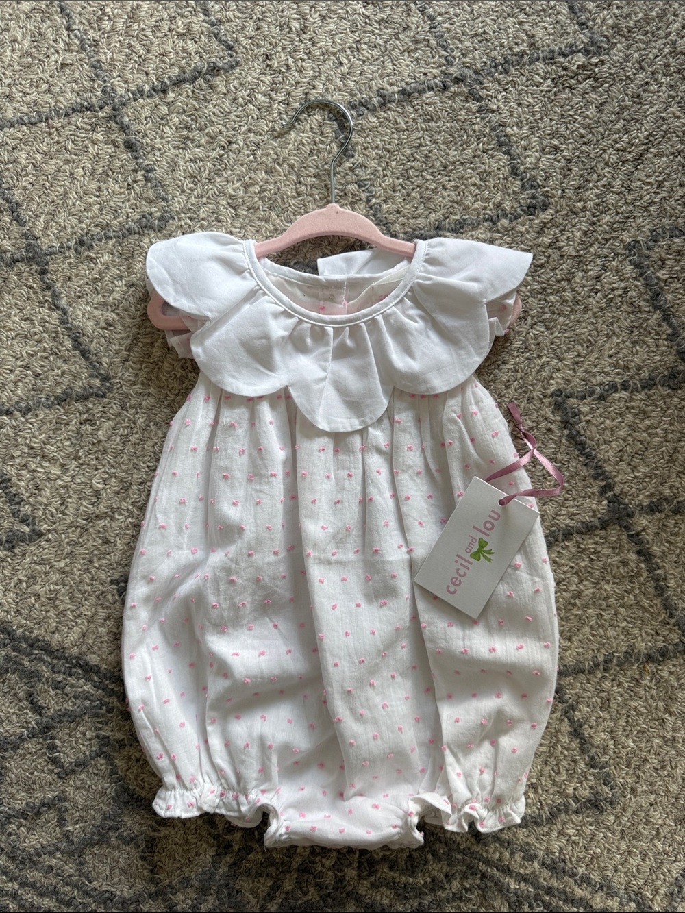 White Baby One-Piece with Pink Dot Trim and Scalloped Collar